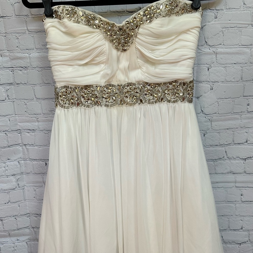 My Michelle White and Gold Ruched Strapless Gown